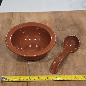 Elegant Brown Ceramic Bowl and Ladle Set